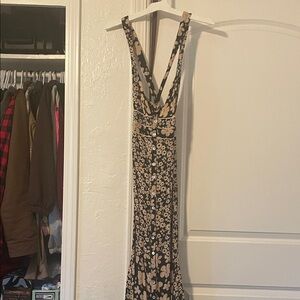 Free People Black and Cream Floral Backless Gown